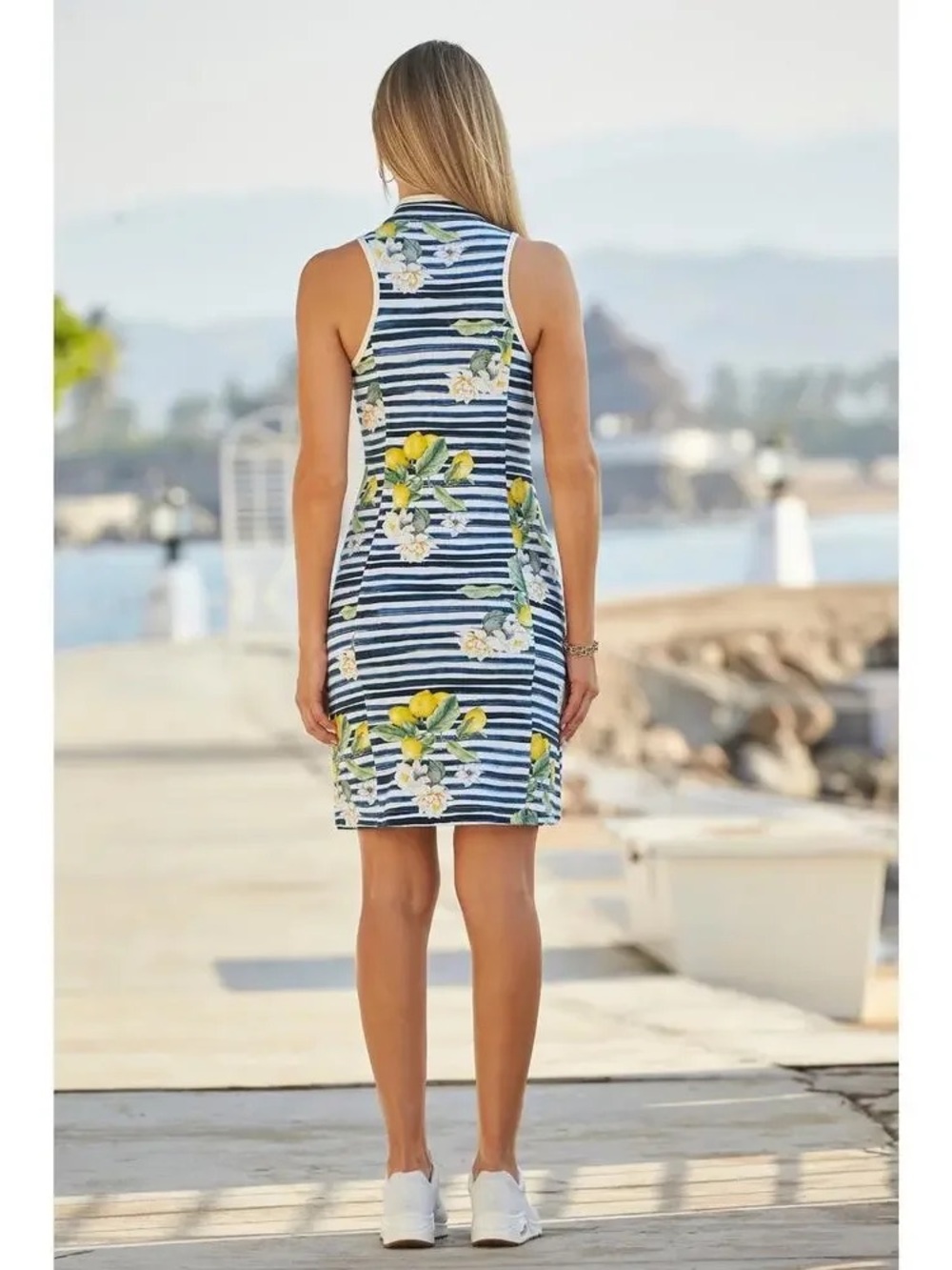 Boston Proper Lemon Racerback Zip Up Chic Dress in Blue Stripes - Size XL - Picture 2 of 6